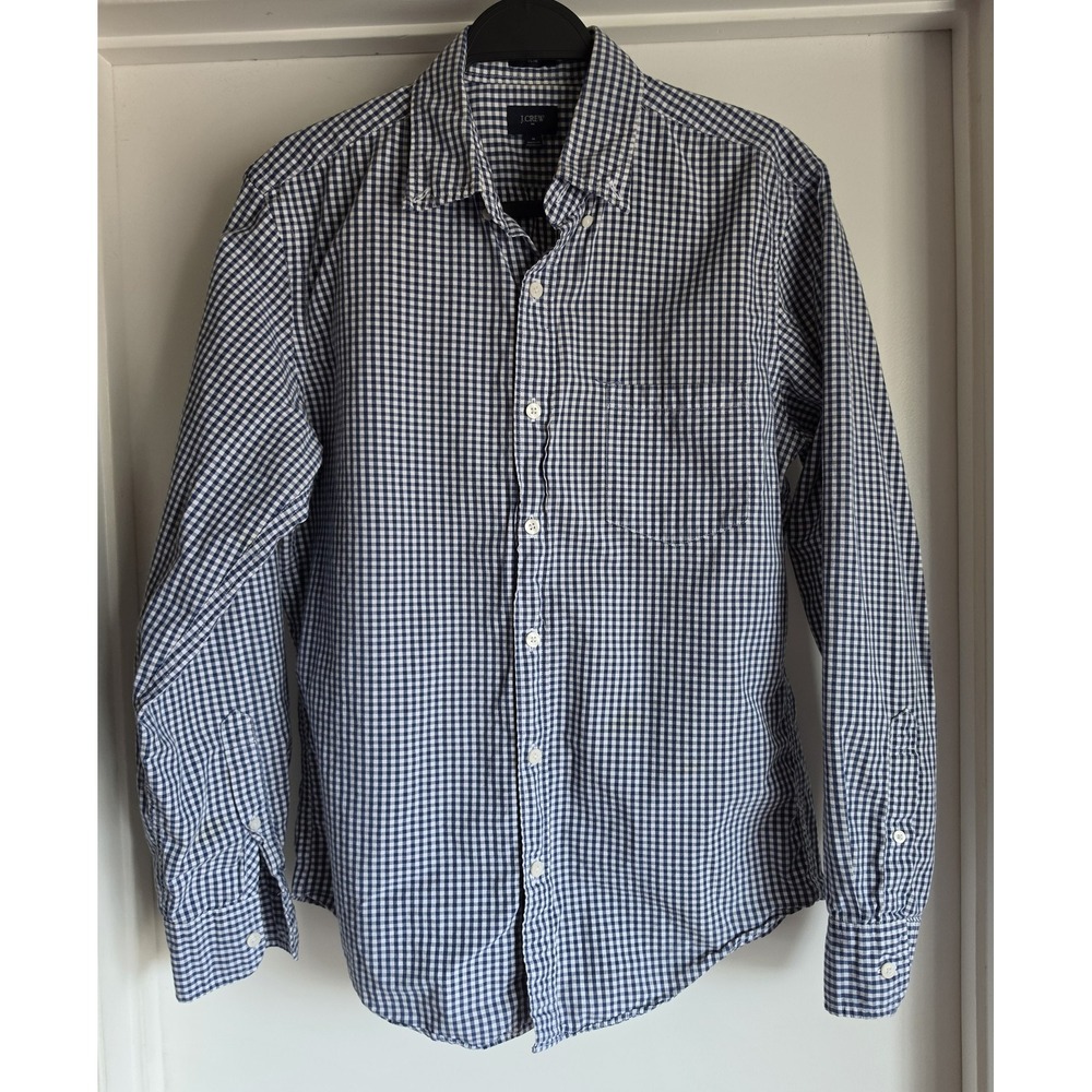 J.Crew Men Button-Up Shirt M Blue White Gingham Long Sleeve Cotton Classic